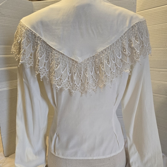 Tarazzia Victorian Romance Style Ivory Blouse Hand  Made Collar Pearl Coquette M - Picture 5 of 12